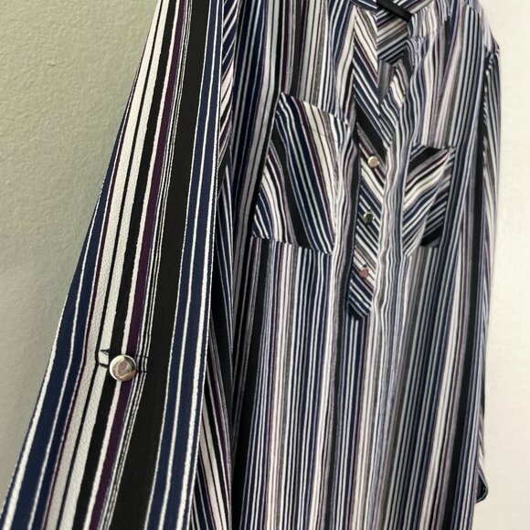 Roz & Ali Womens Plus 2X Striped Roll Tab Sleeve Blouse Pockets Top Shirt - Picture 7 of 9